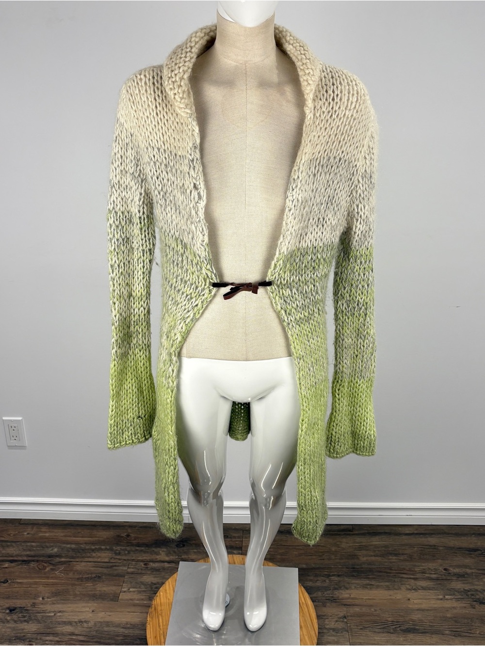 Free People Ombre Chunky Knit Duster Cardigan Medium Cream Lime Green Boho